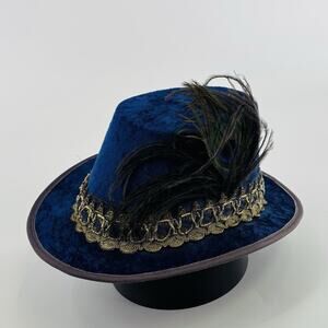TALL HAT - BLUE / GOLD SMOOTH VELVET Tall Toad Peacock Feather Feather Gatsby